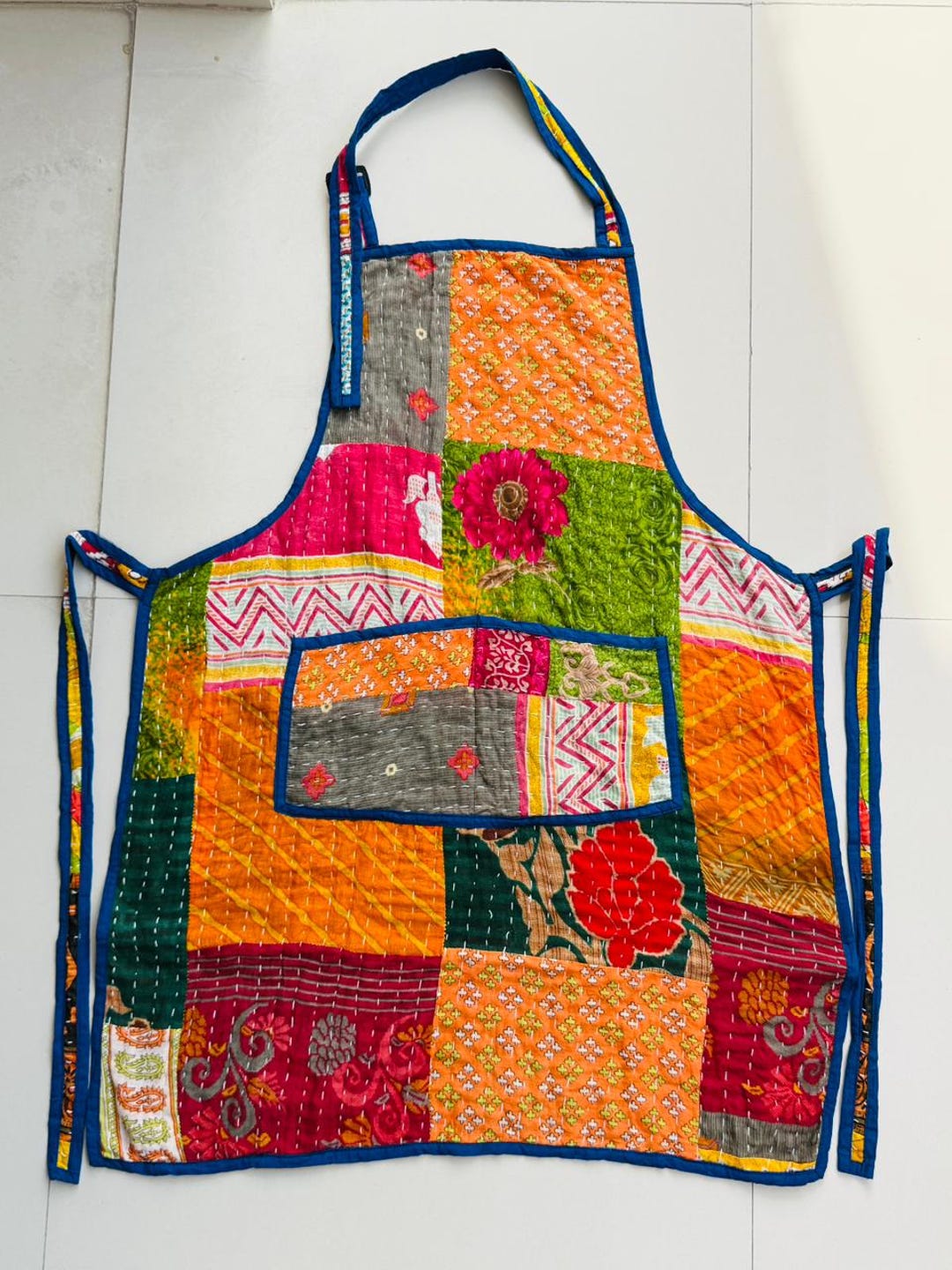 Handmade Kantha Patchwork Apron: Upcycled Cotton, Indigo