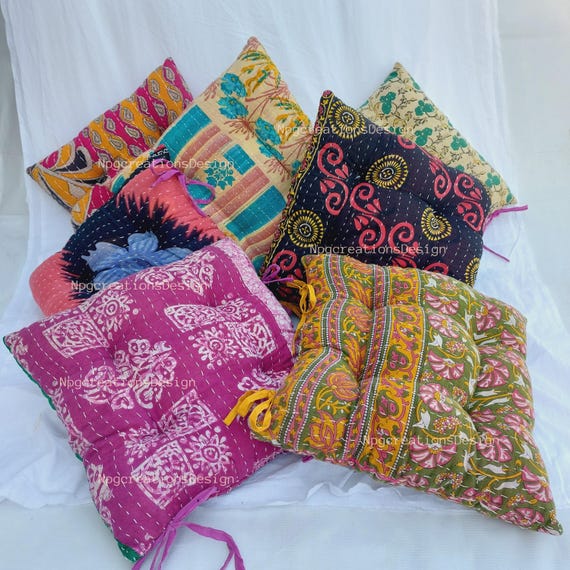Handmade Kantha Chair Cushion with Ties: 100% Cotton Seat Pad