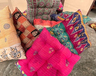 15x15 Inch Handmade Kantha Chair Pad | Quilted Cotton Seat Cushion | Boho Home Decor
