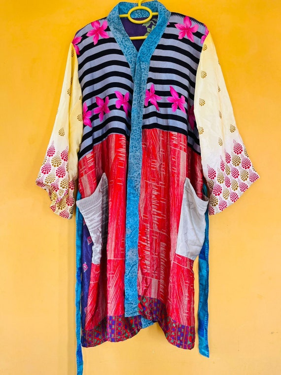 Vintage Boho Silk Kimono Robe: Patchwork Sari, Be… - image 7