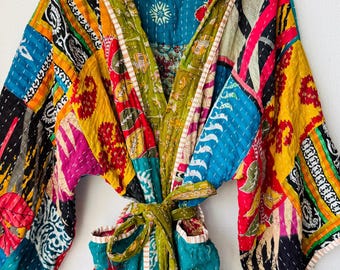 Bohemian Kantha Cotton Robe: Handmade Quilted Kimono Jacket