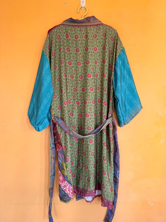 Patchwork Silk Kimono Duster: Beige Boho Robe, Vi… - image 3