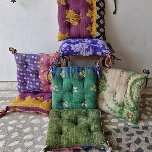 Floral Kantha Chair Pads (Set of 4) - Handmade Cotton Cushions 15x15