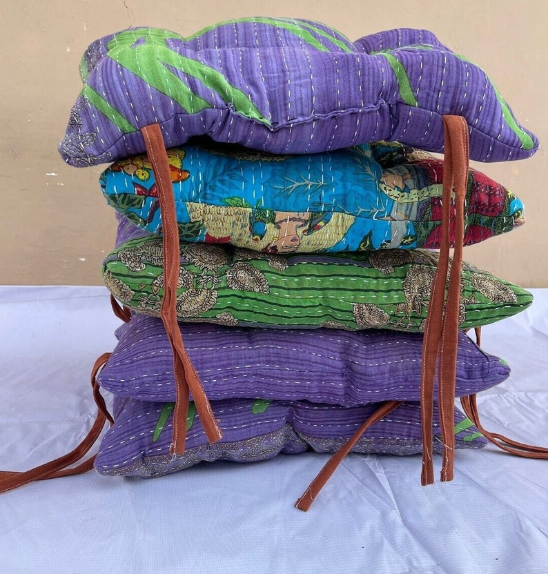 Assorted lot 5 Indian Handmade Vintage kantha Chair Cushions With Ties, Soft Chair Pads, Floral Cushion, CUSTOMIZED kantha chair Pad image 2