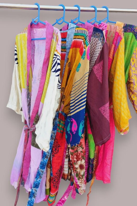Vintage Boho Silk Kimono Robe: Patchwork Sari, Be… - image 3
