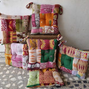 Patchwork Kantha Chair Pad: Handmade Cotton Cushion (18x18) inch