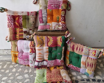 Handmade Kantha Chair Cushion: 100% Cotton Seat Pad 15x15 Inches