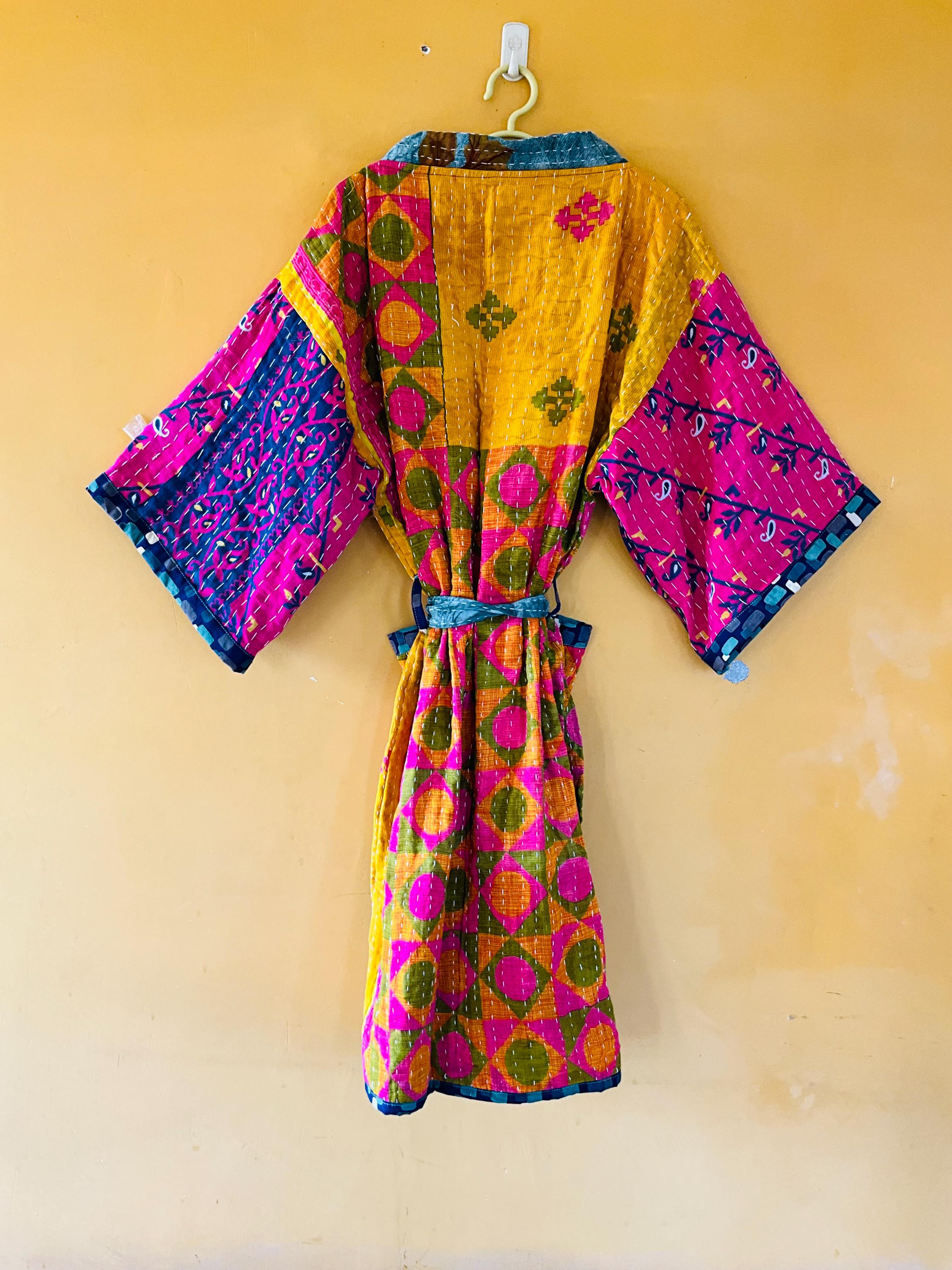 Kantha Robe Vintage Kantha Quilted Kimono Robe: Handmade Floral Cotton Jacket, Boho ...