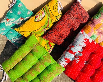 assorted colourful  Kantha Chair Pad – Handmade Recycled Cotton Bohemian Seat Cushion ,Indian Textile Decor
