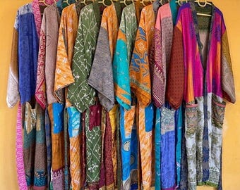 Recycled Vintage Silk Saree Robe: Boho Kimono, Bohemian Style Cover-up