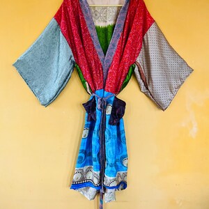 Recycled Silk Saree Kimono Robe: Purple Patchwork Kimono