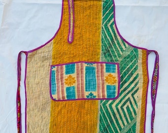 Vintage Kantha Quilted Apron, Upcycled Cotton Patchwork Kitchen Apron