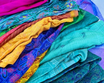 10 pure Silk Sari bundle bright colours Recycled Boho Fabric full silk saree crafting