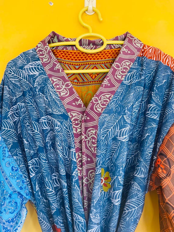 Patchwork Short Robe: Upcycled Silk Saree Kimono,… - image 1