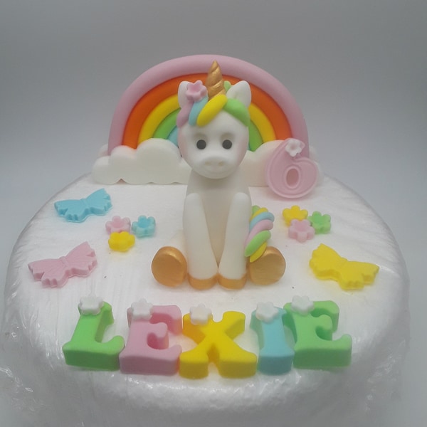 Edible fondant unicorn and rainbow cake topper personalised birthday decoration