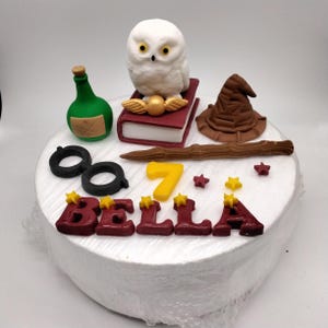 May include: A round cake decorated with fondant figures. The cake features a white owl, a book, a sorting hat, a wand, and the name "BELLA" with a number "7". The cake is wrapped in clear plastic.