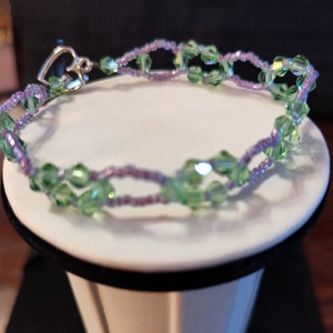 Purple and Green Crystal and Seed Bead Bracelet
