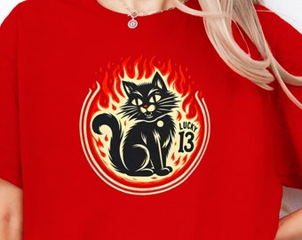 Flaming Lucky 13 Black Cat T-Shirt - Retro Voodoo Design