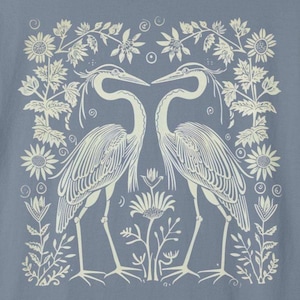 Blue Herons - Unisex Garment-Dyed, Relaxed Fit T-shirt - Bird Lover T-Shirt, Birding Shirt, Folk Design Tee, Cottage Core Shirt
