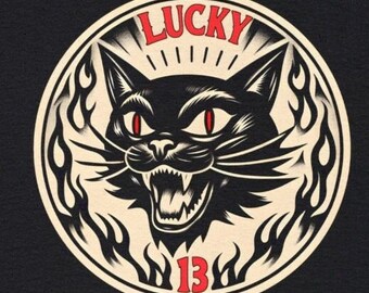 Lucky 13 Black Cat Unisex Heavy Cotton Tee, Cool T-shirt, Retro