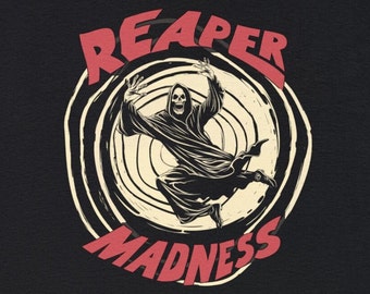 May include: A black and white illustration of a skeleton in a hooded robe, with the text "Reaper Madness" in red letters.