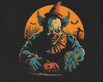 Camiseta unissex de algodão com estampa retrô de palhaço assustador para o Halloween