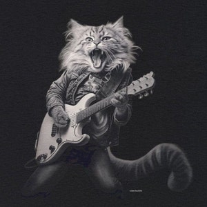 Rockstar cat playing an electric guitar.