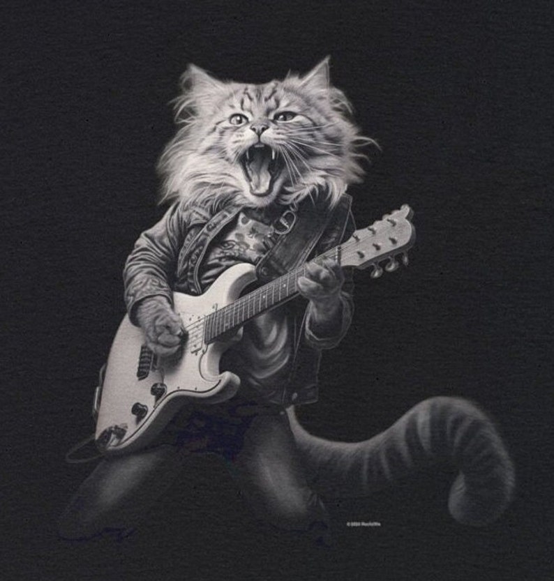 Rockstar cat playing an electric guitar.