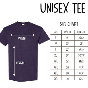 May include: Unisex tee shirt size chart with measurements in inches. The chart shows the width and length of the shirt in different sizes, from S to 5XL.