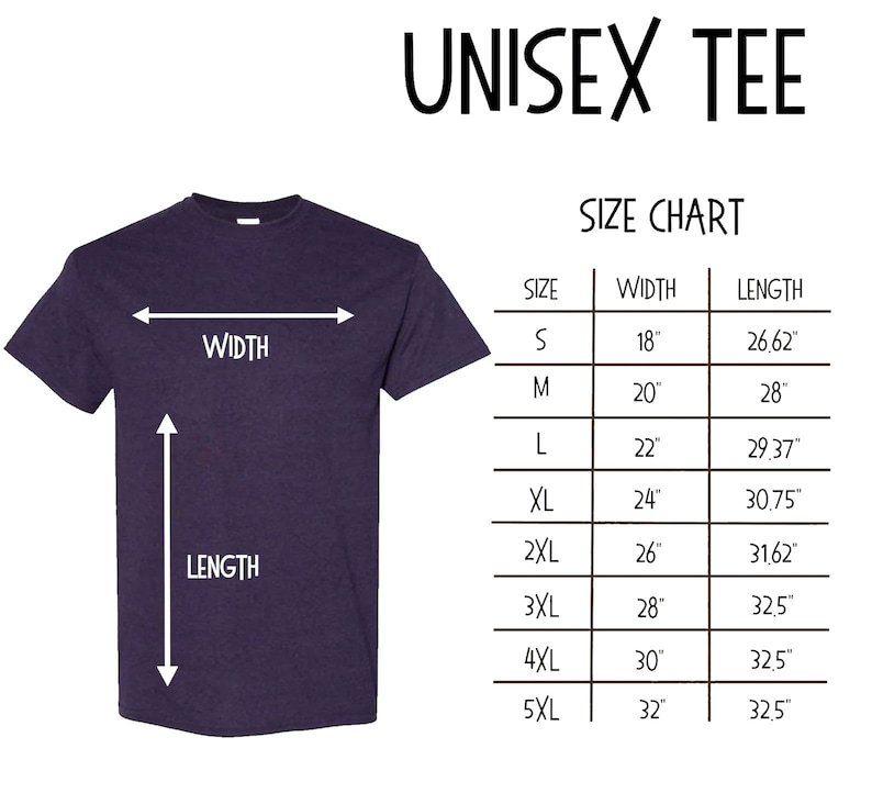 May include: Unisex tee shirt size chart with measurements in inches. The chart shows the width and length of the shirt in different sizes, from S to 5XL.