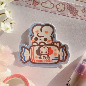Niedliche weiße Kaninchen Candy Aufkleber | Tier Aufkleber, Laptop Aufkleber, wasserdicht, Aufkleber, Wasserflasche, Sammelalbum, Planer, Bullet Journal, asiatisch
