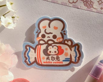 Cute White Rabbit Candy Sticker | Animal Sticker, Laptop Sticker, Waterproof, Decal, Waterbottle, Scrapbook, Planner, Bullet Journal, Asian