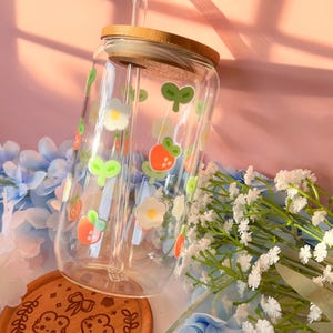 Cute Strawberry Glass Tumbler | 16oz Glass Cup, Glassware, Iced Coffee Cup, Spring Cup, Drinkware, Home Café, Glass Lid Straw, Fruit Glass
