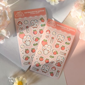 Feuille d'autocollants mignon lapin aux fraises | Sticker holographique, déco, Kawaii, Bullet Journal, Agenda, Bujo Stickers, Imperméable, Sticker pour ordinateur portable