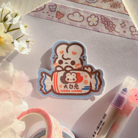 Cute White Rabbit Candy Sticker | Animal Sticker, Laptop Sticker, Waterproof, Decal, Waterbottle, Scrapbook, Planner, Bullet Journal, Asian