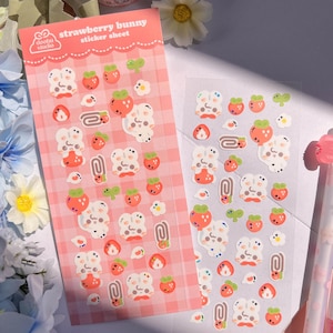 Cute Strawberry Bunny Sticker Sheet | Holographic Sticker, Deco, Kawaii, Bullet Journal, Planner, Bujo Stickers, Waterproof, Laptop Sticker