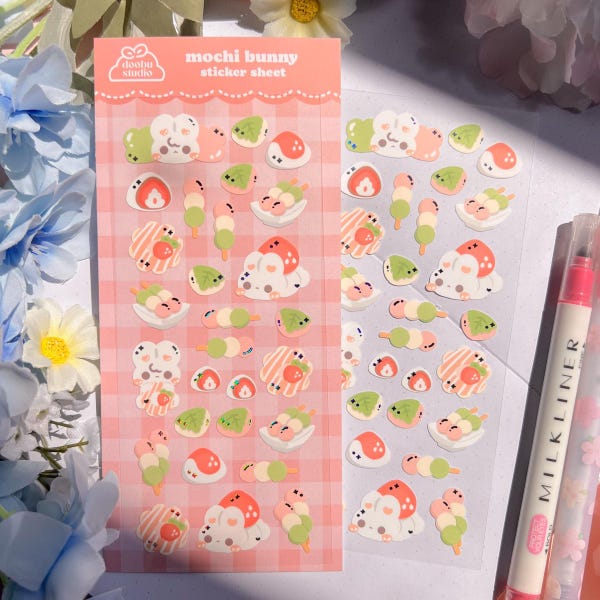 Hoja de pegatinas de conejito mochi/pegatina holográfica, decorativa, kawaii, para bullet journal, planificador, pegatinas para bujo, impermeable, para portátil