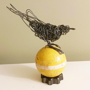 Original handmade Wire Bird on vintage yellow croquet ball. Wire Art, Wire Sculpture, Home Decor, Bird Lover, Industrial Art, Bird Gift