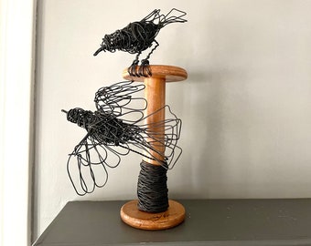Original handmade Wire Birds on vintage industrial wood spool. Wire Art, Wire Sculpture, Home Decor, Bird Lover, Industrial Art, Bird Gift