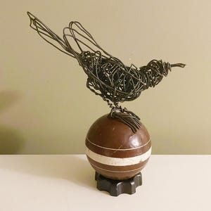 Original handmade Wire Bird on vintage brown croquet ball. Wire Art, Wire Sculpture, Home Decor, Bird Lover, Industrial Art, Bird Gift