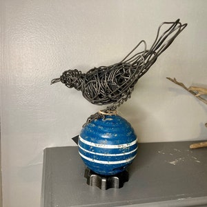 Original handmade Wire Bird on vintage blue croquet ball. Wire Art, Wire Sculpture, Home Decor, Bird Lover, Industrial Art, Bird Gift, Bird,
