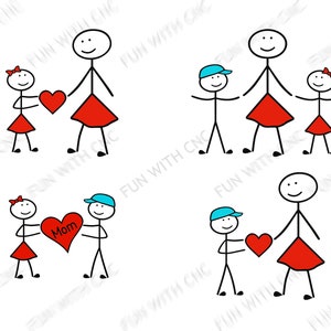 Ideas de regalos para el día de la madre, ilustración de palitos de madre, hija e hijo, lindos cliparts para el día de la madre, paquete gratuito 2+2, conjunto para mamá