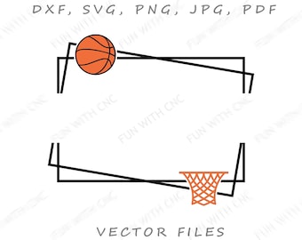 Sport clipart: Basketball double rectangle split frame with a basketball ball and basketball hoop with net, svg, png, dxf, jpg and pdf files