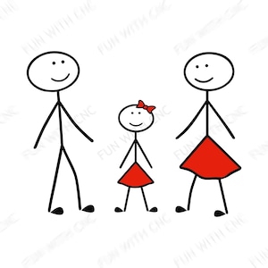 Mother, Father and Daughter Family Stick figure Clipart, Stick people svg, Family cartoon illustration, Family gift idea, Cute family doodle