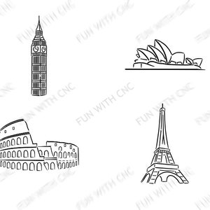 World famous landmarks bundle - Eiffel tower, Rome Colosseum, London Big Ben, Sidney Opera house, Travel destination digital files set