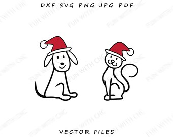 Cheerful Christmas and New Year Dog and Cat Cliparts with Santa Hats - Both & Individual Files - Holiday and New Year Pets Clipart