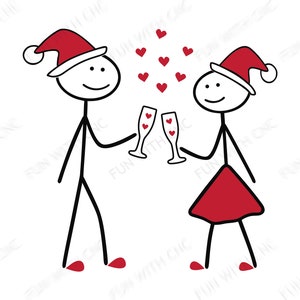 Christmas Stick figure couple with Santa hats and Champagne glasses  full of hearts and good wishes- instant digital download files