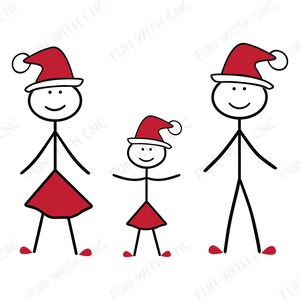 Illustrazione della famiglia natalizia, madre, padre e figlia con cappello da Babbo Natale, clipart di figure stilizzate di Natale, file di download di Natale della famiglia stilizzata