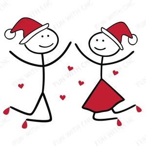 Casal de bonecos palitos de Feliz Natal com chapéus de Papai Noel - perfeito para enfeites, cartões de Natal ou qualquer projeto de Natal ou Ano Novo