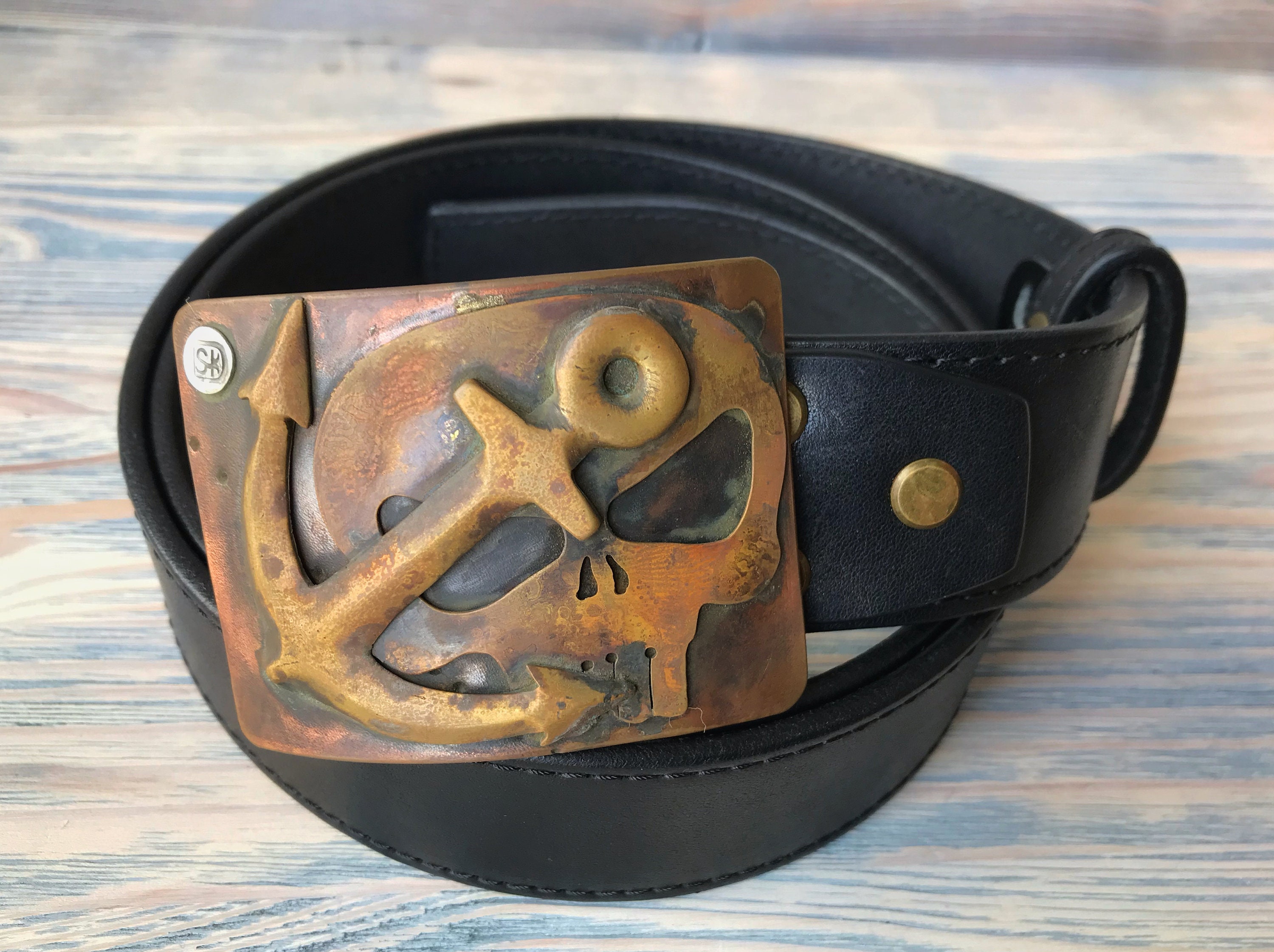 Pirate Solid Brass Buckle With Black Mens Leather Belt in Gift Etsy
